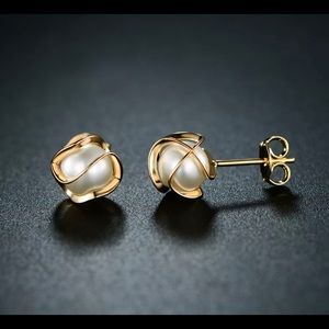 18K Gold Plated Pearl Swirls Stud Earrings  8MM